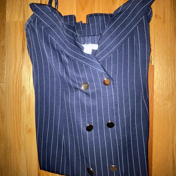 Navy Blue/White Pin Stripe Midi Dress with Gold Buttons, W Large (never worn) - Picture 3 of 3